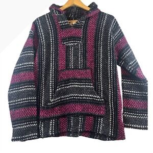 Baja Joe Mens Hooded Poncho Baja Hoodie Pink Black White Stripe Pullover Size LL